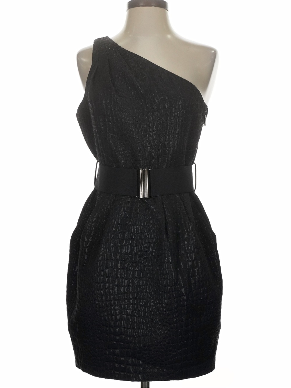 Twenty One Black Textured Metallic One Shoulder Belted Mini Dress Size Medium